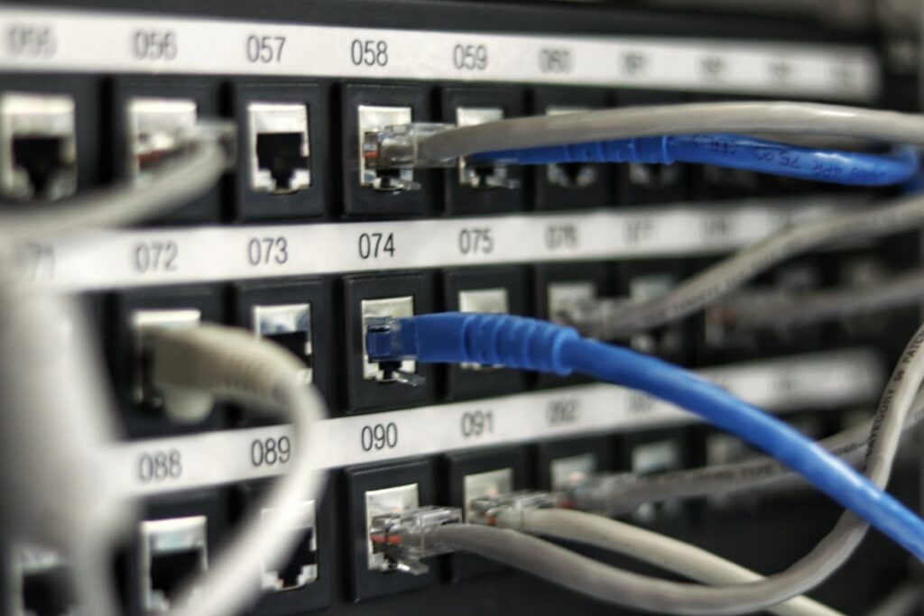 Network rack with Ethernet cables, home and small business networking