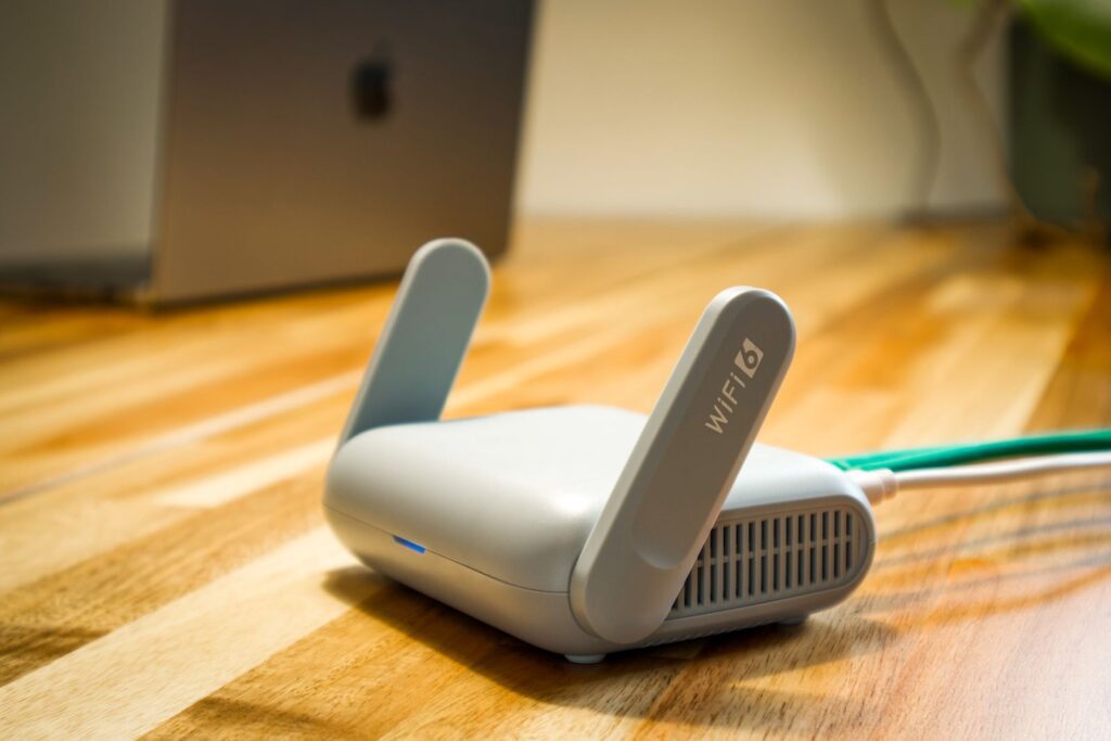 Modern business Wi-Fi router on a desk in a Central Florida office