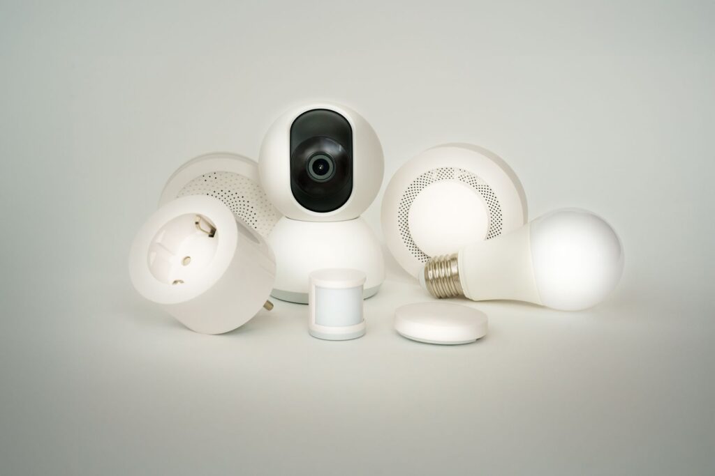 Smart home devices including a camera, light bulb, plug, and motion sensor